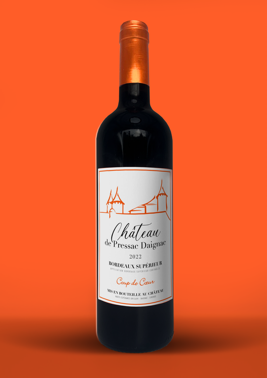 Bouteille de Bordeaux Rouge 2022 Coup de Cœur, Château Pressac Daignac, vignoble HVE